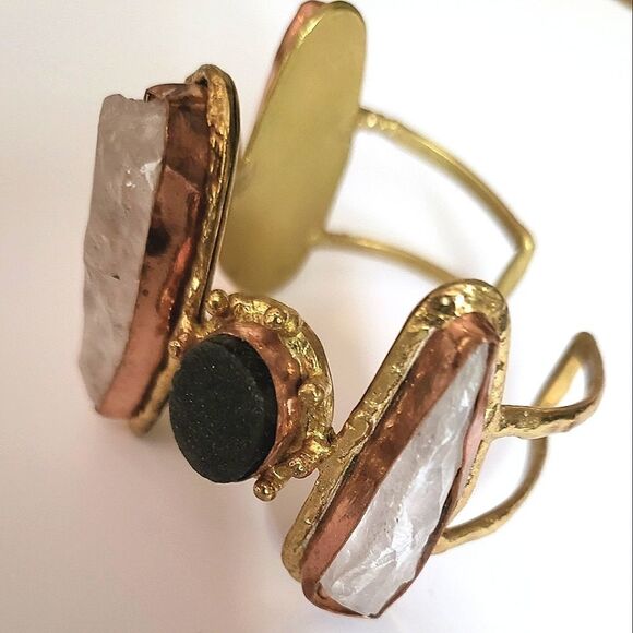 Gemstone Brass and Copper Statement Cuff Bracelet - Picture 4 of 8